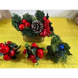 Vintage Christmas Floral Picks Holly Thred Spun Cotton Mini Ornament